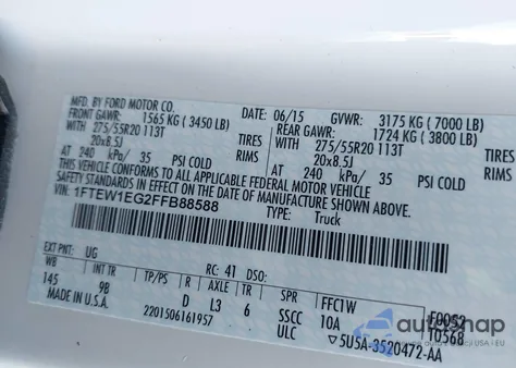 2015 Ford F-150 Platinum from USA, damaged, VIN 1FTEW1EG2FFB88588